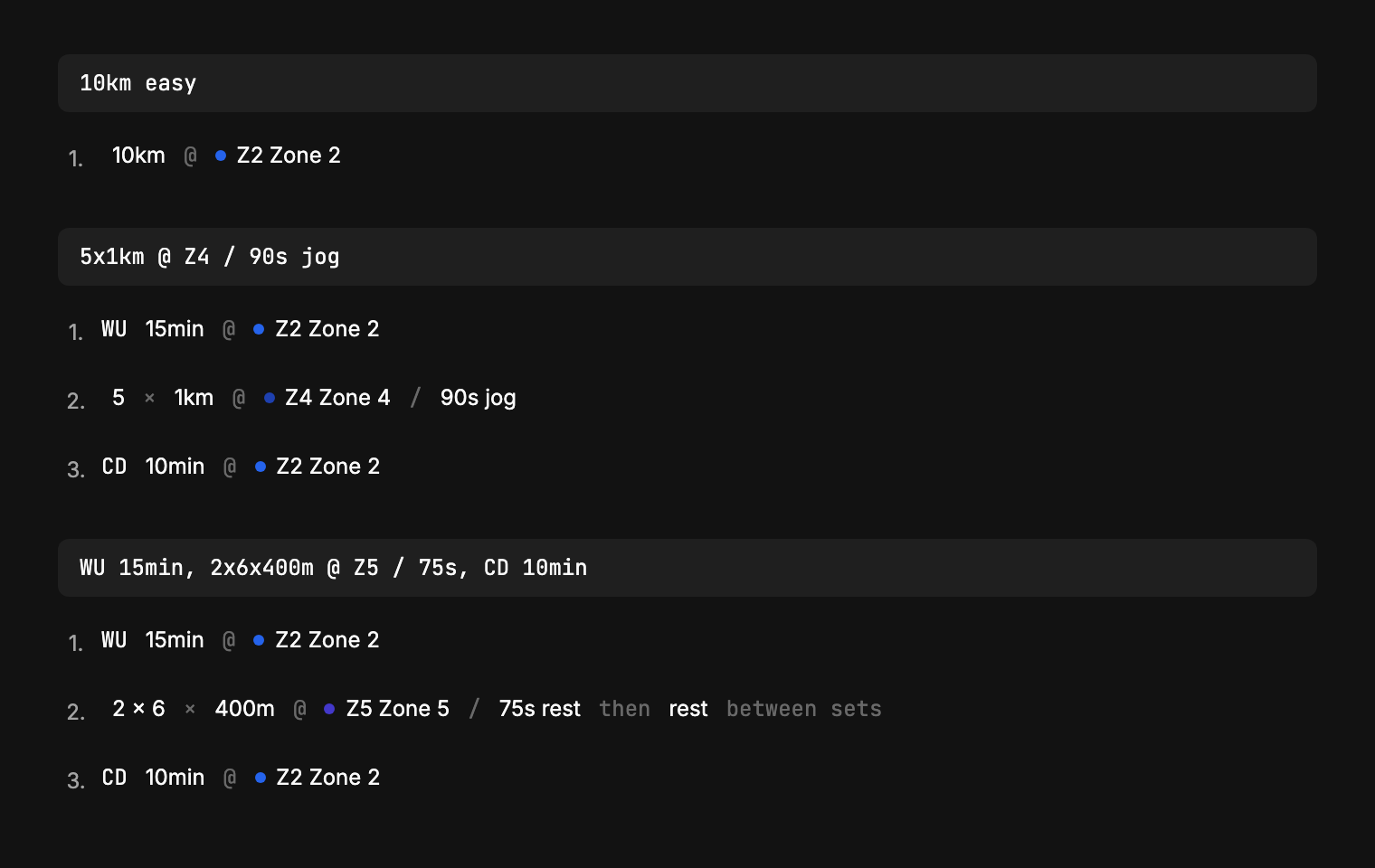 Three notation lines, each above the segments it becomes: a plain 10 km run, five 1 km reps between a warmup and a cooldown, and two sets of six 400s. Each segment carries a zone dot and the zone name.